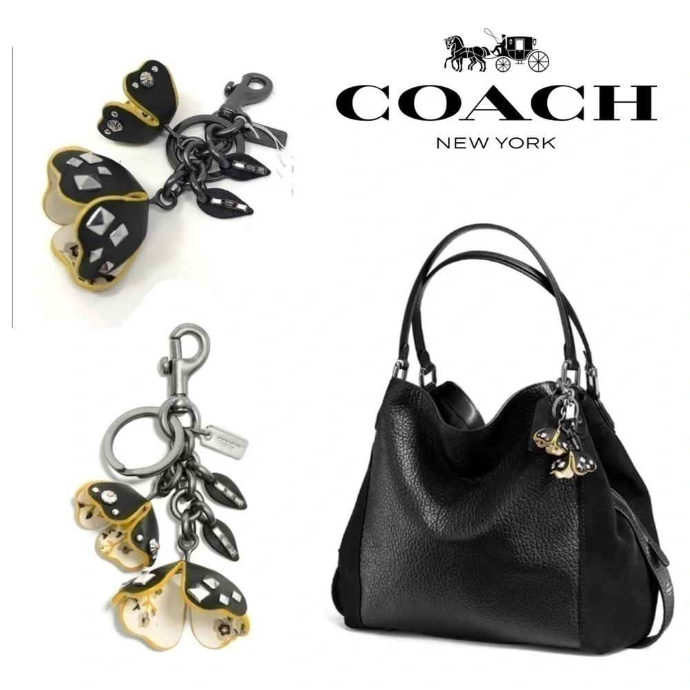 Coach Prairie Black Yellow Tearose Roses Floral Flower Keychain Fob NWT